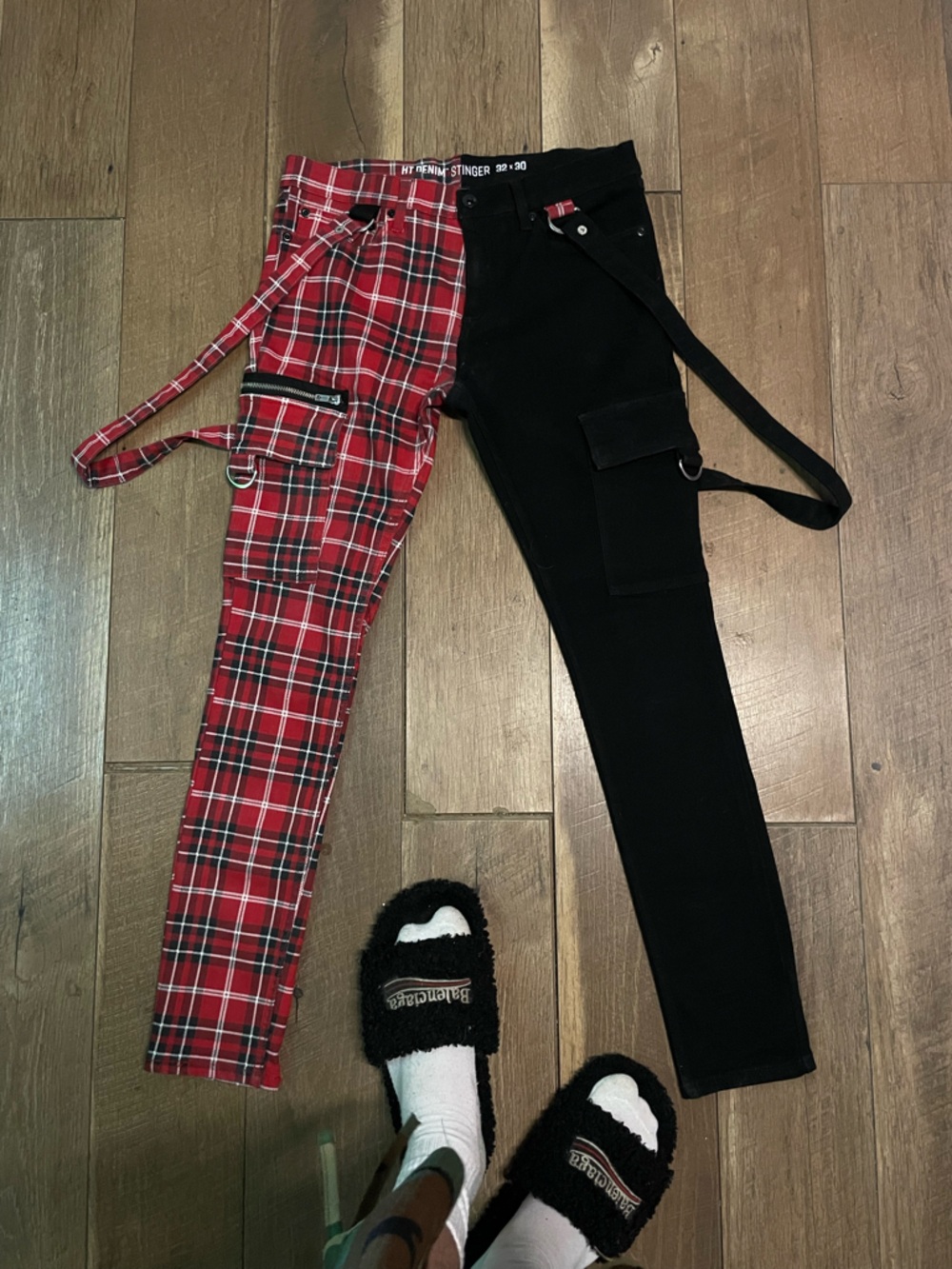Hot Topic Red Plaid and Black Skinny Jeans